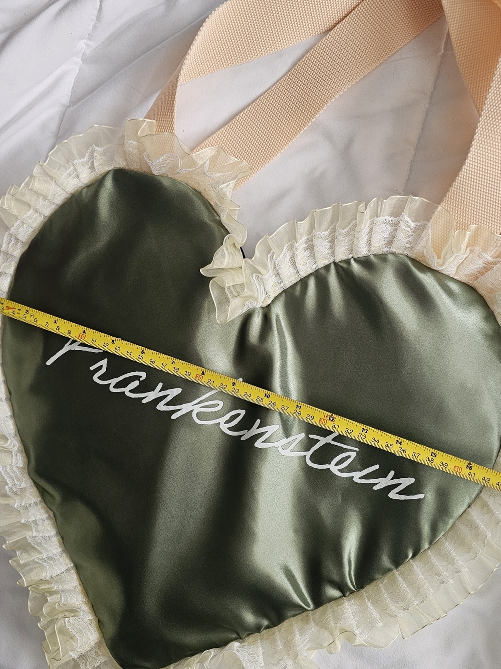 Frankenstein Satin Heart Tote – Olive Green with Cream Ruffle - Picture 4 of 5
